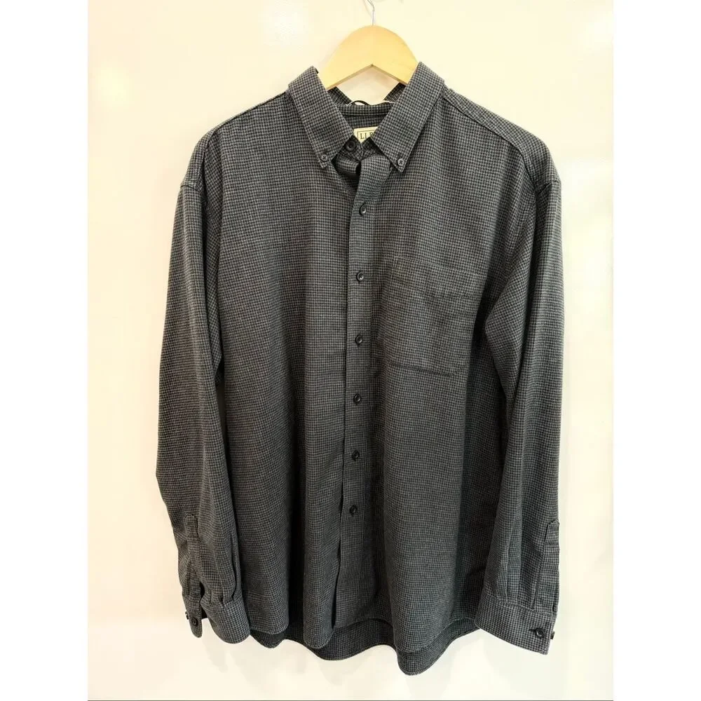 LL Bean Men's L Houndstooth Flannel Shirt Gray
